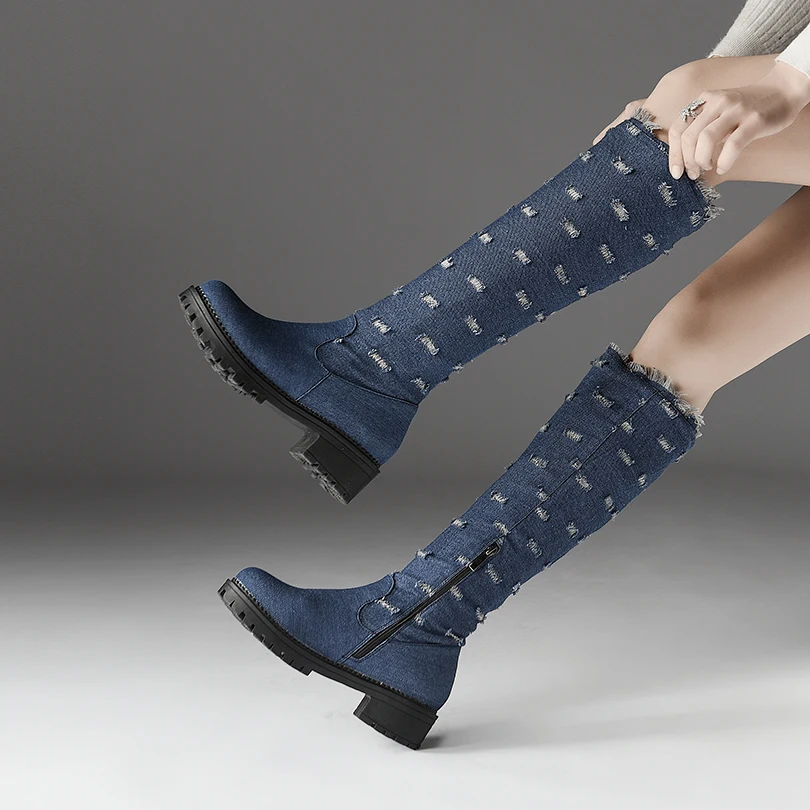 

Модные рваные джинсовые сапоги на каблуке с молнией, женские сапоги до колена с плюшевой подкладкой, эластичные сапоги без шнуровки