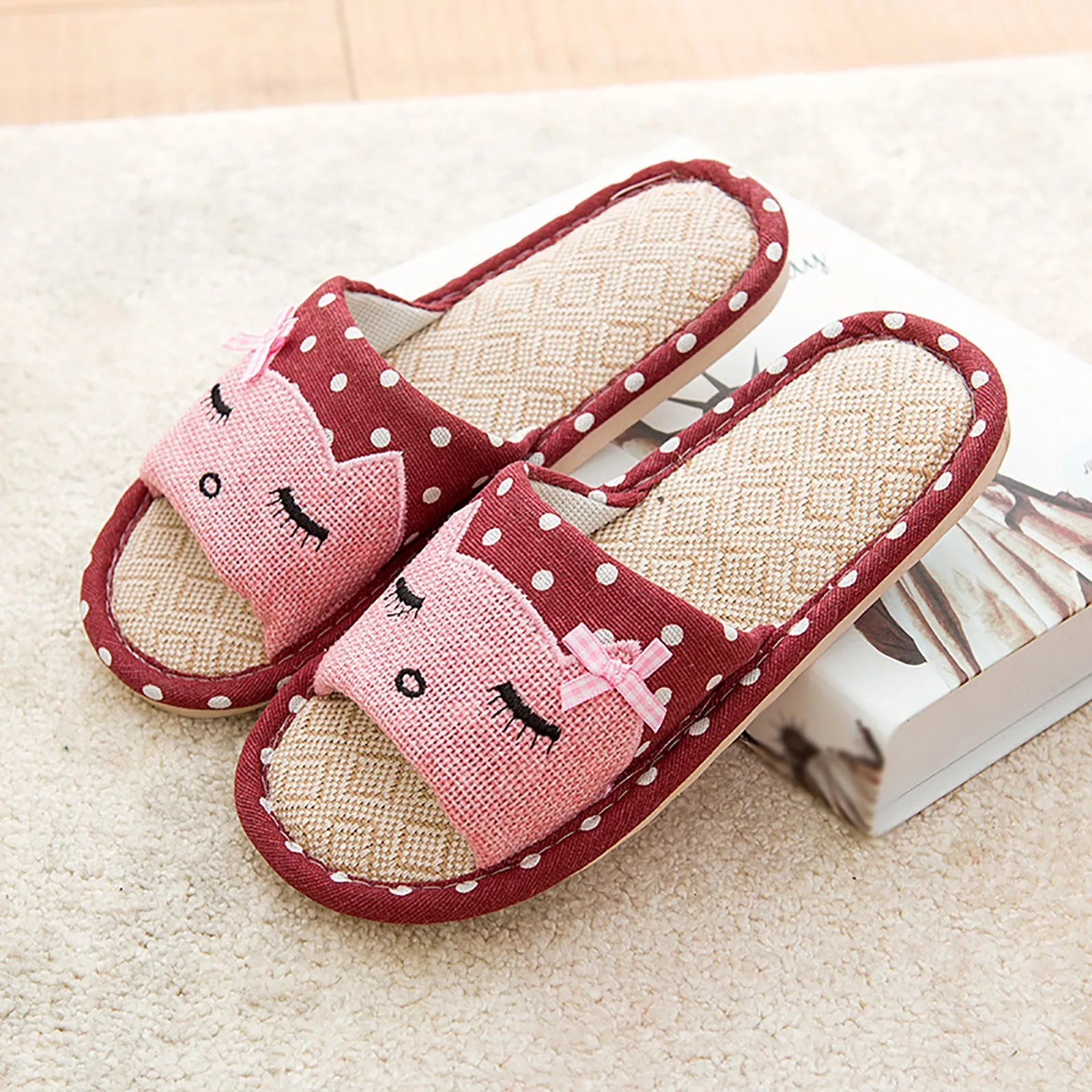 Women Hemp Glasses Home Slippers Women Slippers Cute Cat Lovers Home Slippers Indoor Plush Flat Open Toe Casual House Shoes