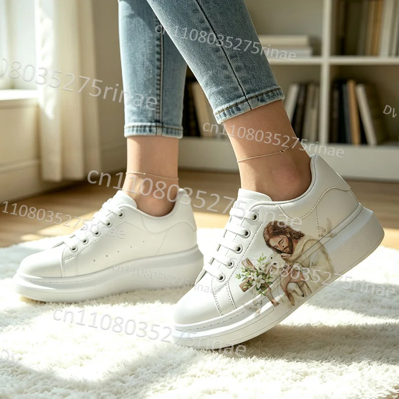 Picture 6: Personalized Unisex Thick Platform Board Shoes Jesus Cross Lamb Dove Rose Floral Graphic PU Leather Lace Up Flat Shoes