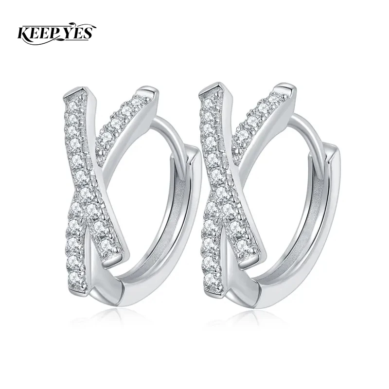 KEEP YES All 0.3CT Real Moissanite Hoop Earrings for Women Cross Wedding Sparkling 925 Sterling Silver Simulated Diamond Earring