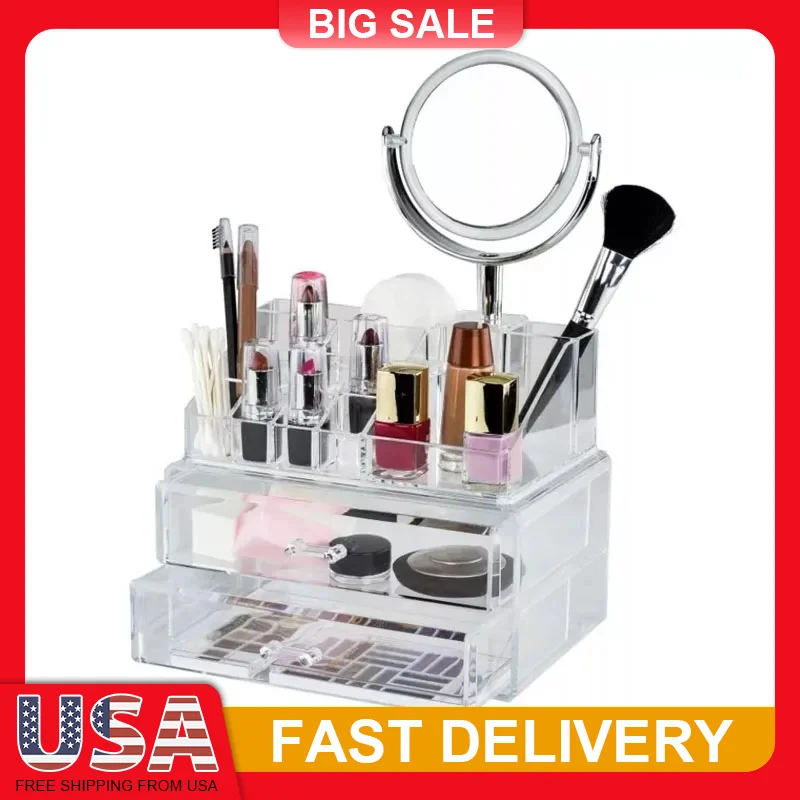 

Makeup Organizer with Mirror 15 Grid 2 Drawers Acrylic Cosmetic Storage for Jewelry Brushes Skincare Vanity Table Clear Case