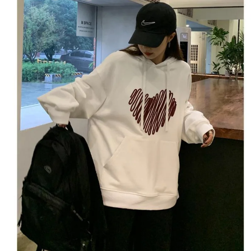 

White Crew Baggy Sweatshirt Women's Fleece Thicken Fashion Love Letter Printing Street Lazy Wind Long Sleeves Hoodie Top 2023