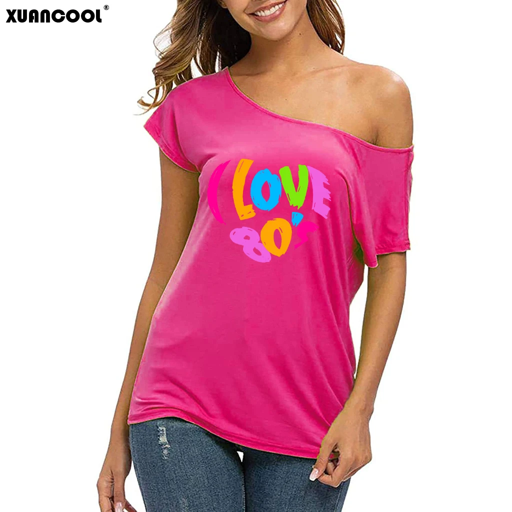 XUANSHOW 2024 Summer I Love 80s Heart Emotional Element T-shirt Sexy Off Shoulder Tops Short Sleeve Letters Printed Tee Shirt