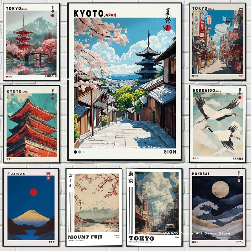 Affiche imprimée sur toile de tourisme de fleur de cerisier de rue de Tokyo, affiche d'art mural de paysage de mont Fuji Sunrise pour la décoration de la maison