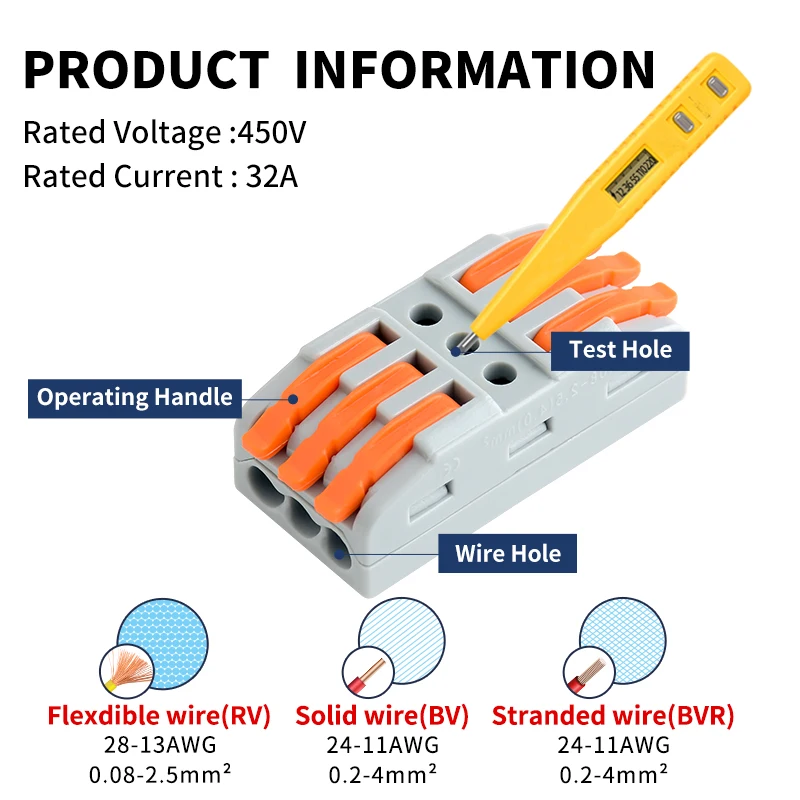 JINH 10PCS Electrical Push in Wire Connectors Quick Splicing Terminal Block 1/2/3/4/5 Pin Compact Terminal Block 32A 450V