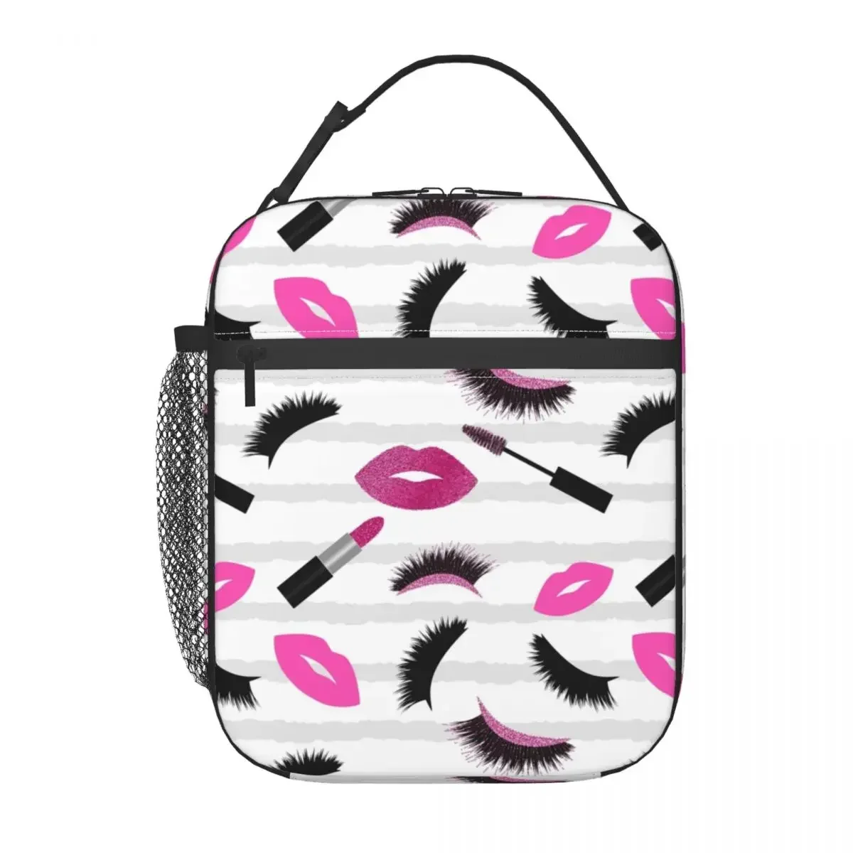 Eyelash Lashes Thermal Insulated Lunch Bag Pink Glitter Lips Mascara Lipstick Portable Lunch Container Multifunction Food Box