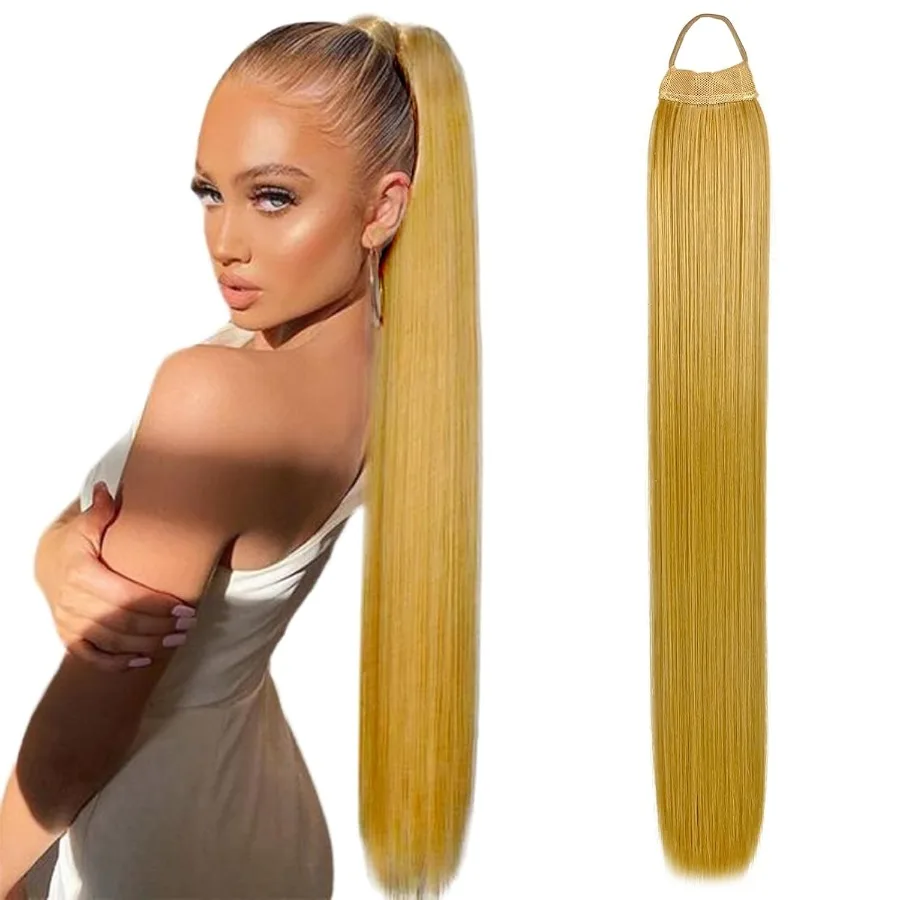 28インチのロングポニーテールエクステンション、ヘアタイ付き、マルチダークブロンド、ヤキストレートポニーテール、太い編み込みヘア、ナチュラルフェイクポニーテール
