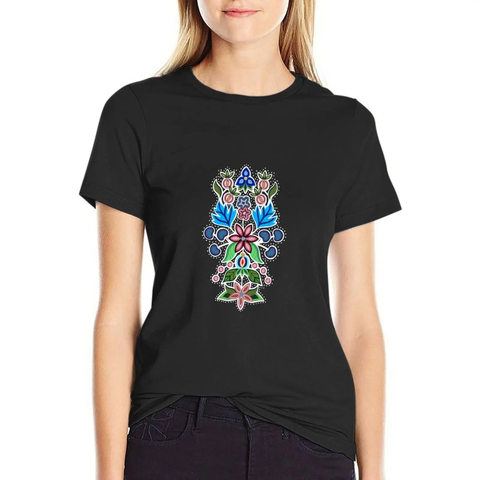 

Pink and Blue Ojibwe Floral T-Shirt funny tees workout shirts for Women