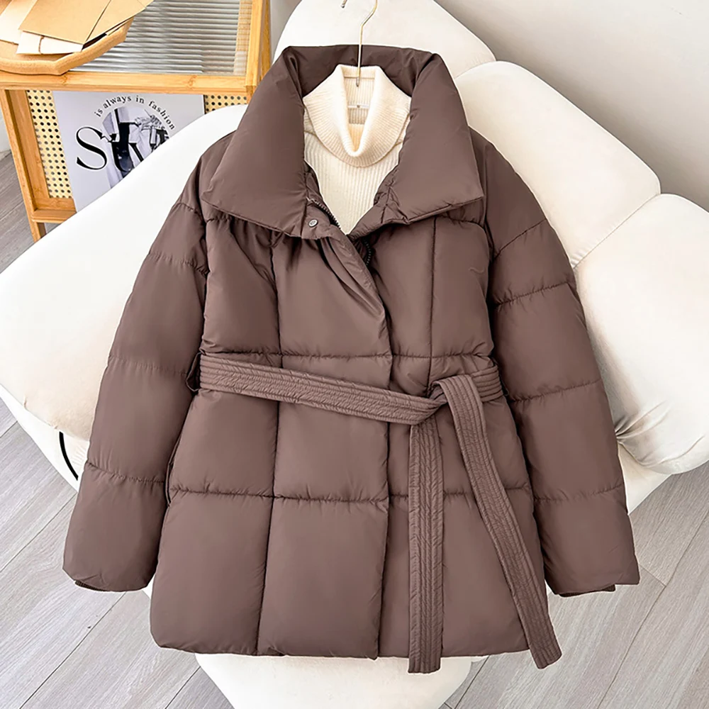 Winter Women Cotton Coats Outerwear Fashion Loose Stand Collar Belt Quilted Jackets Thick Warm Cotton Padded Coat Korean Style