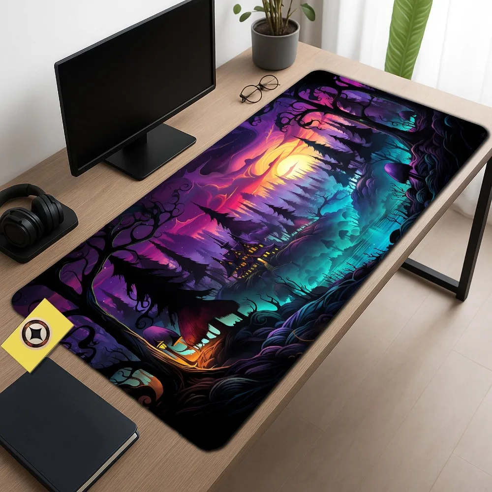 Magical Fantasy Forest Castle Gaming Mouse Pad Large Desk Mat Purple Aesthetic EnchSunset Enchanted Non-slip Lock Edge Mouse Mat