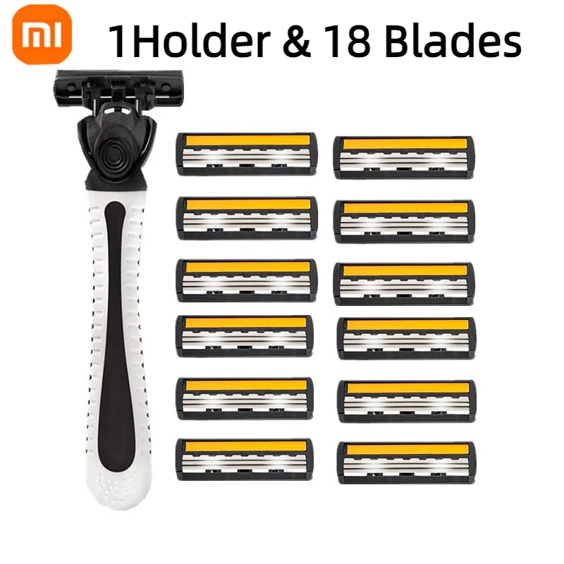 Xiaomi Shaver 2 Layer Shaving Reusable Blade 18 Multi Tool Head Vintage Beard Blade Classic Water Washed Razor Holder Set New