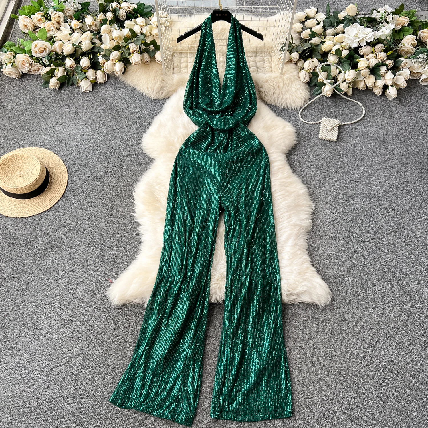 

Amolapha Women Backless Sleeveless Halter Sequin Rompers Female Jumpsuits