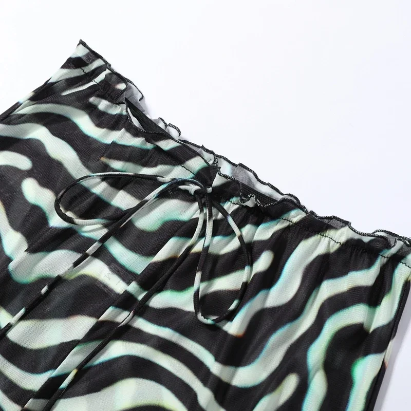 Sexy Zebra-Gestreiftes Langarm-Oberteil und Schlaghosen-Set für Damen, Schlanker V-Ausschnitt Einreihige Weste, 2-teilig, Sommer 2026 Strand-Urlaubsoutfit – Detail 7