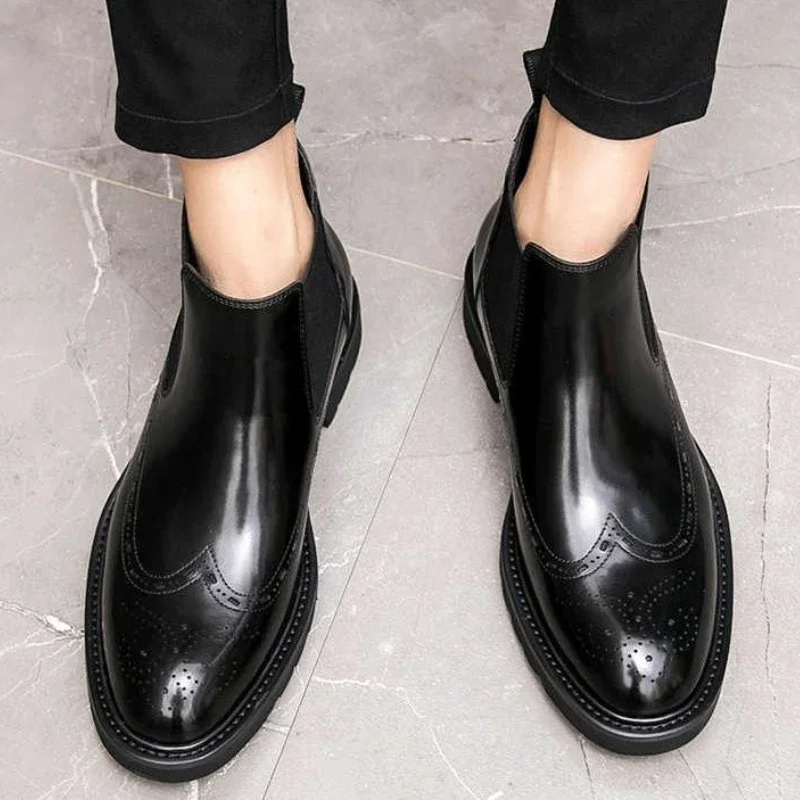 

Men's British High Top Chelsea Boots Business Leather Brogue Detailing Casual Black Work Shoes