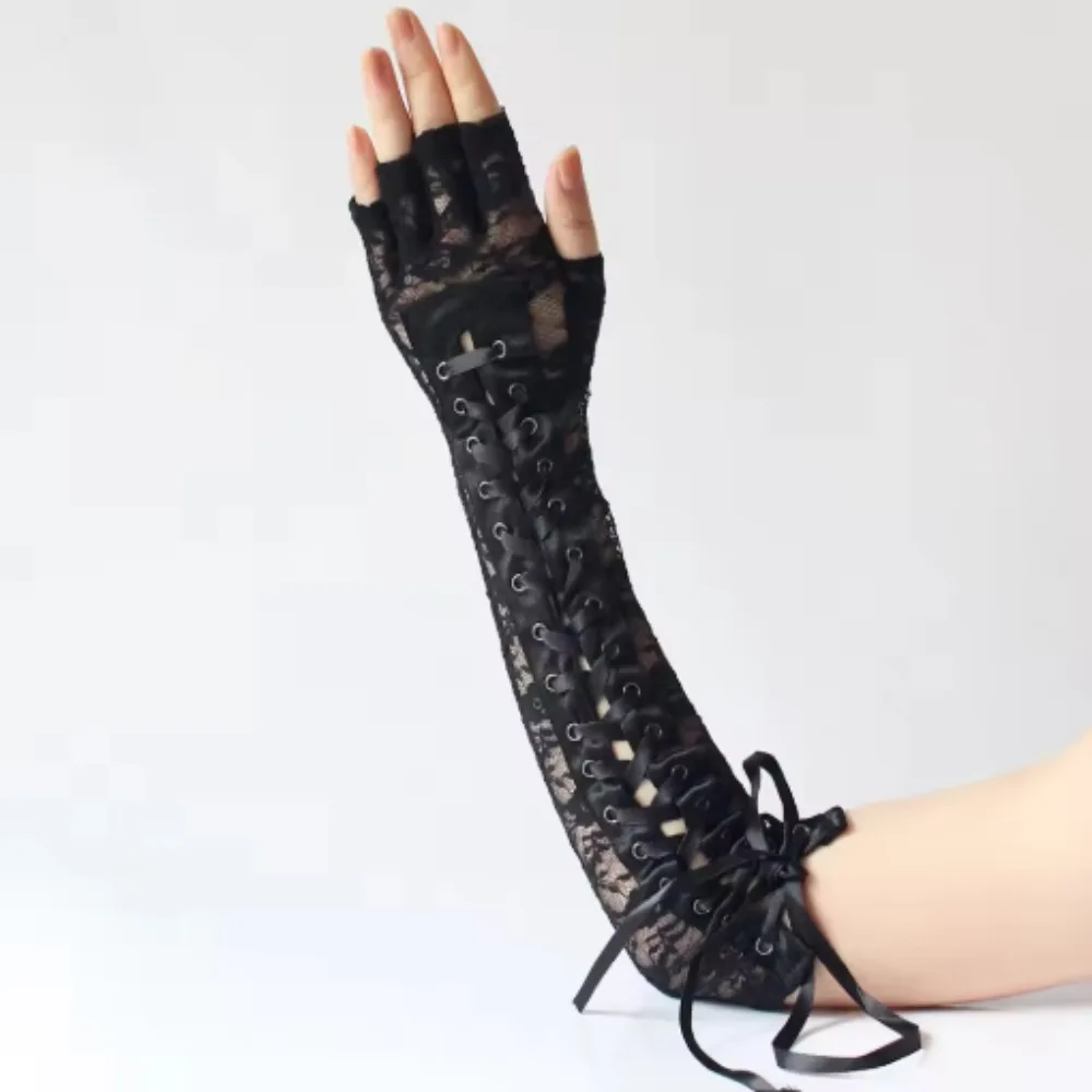 Fashion Fingerless Fishing Net Party Gothic Lolita Ribbon Fingered Women's Sexy Lace Long Gloves Role Playing Stage Performance 5