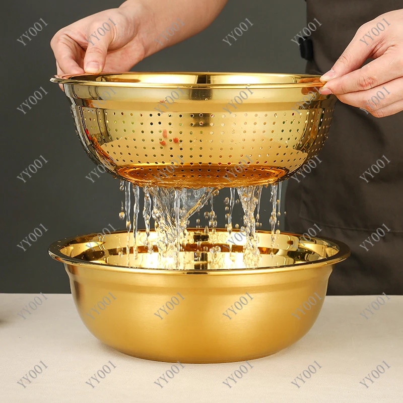 

2Pcs/Set Stainless Steel Rice Sieve Strainer Golden Drain Basket Multifunctional Kitchen Fruit Washing Bowl