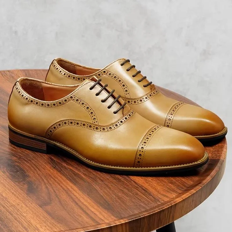 

High Quality Genuine Leather Formal Shoes For Men New Style Carved Pattern Lace-up Three-joint Oxford Wedding Dress Shoes