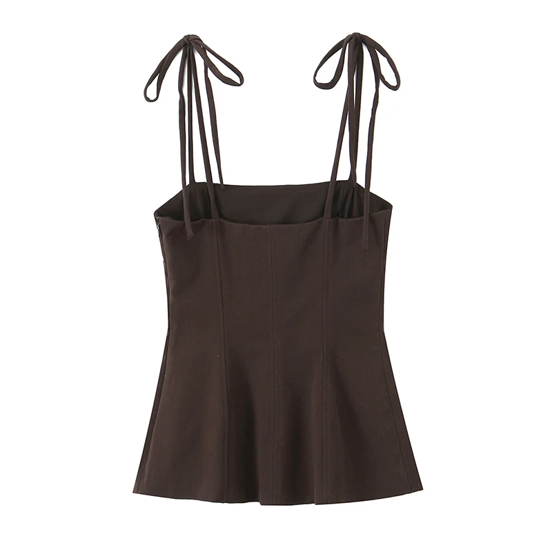 Willshela Women Fashion Brown Backless Bow Lace Up Side Zipper Camis Vintage Thin Straps Square Collar Female Chic Lady Tops