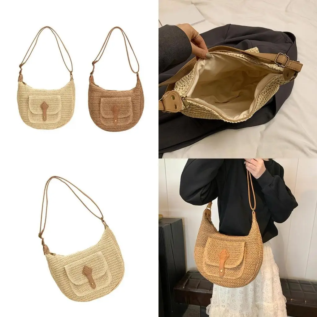 

D46D Women Shoulder Bag Woven Beach Bag Daily Bag Straw Handbag All-matching Crossbody Bag Shopping Dating Bag for Holiday