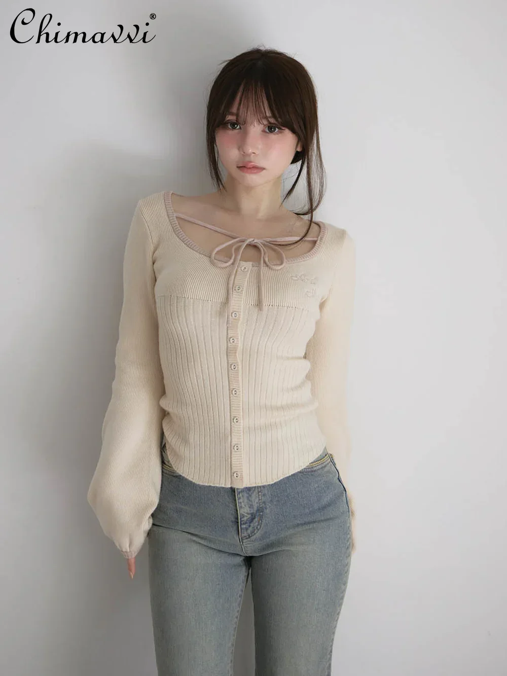 

Spring New Japanese Fashion Color-Block Square Neck Tie Waist Long Sleeve Knitted Sweater Elegant Sweet Girl Pullover Tops