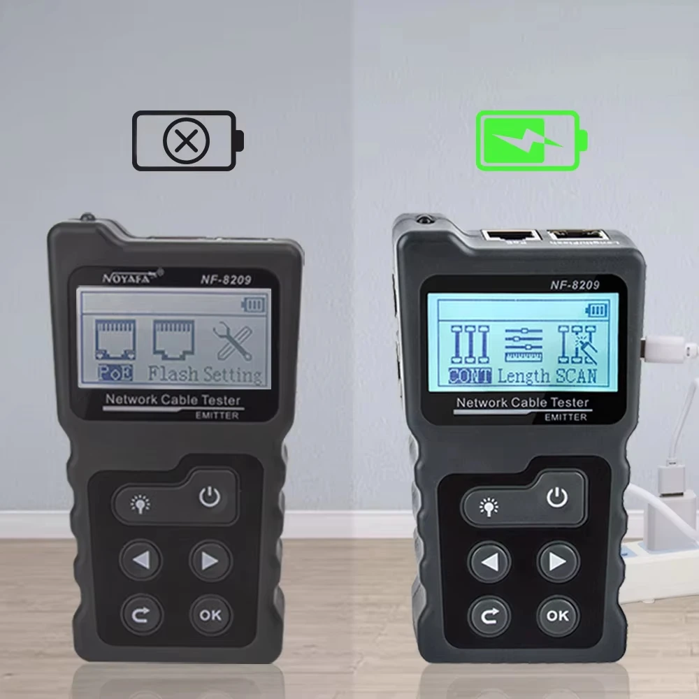 NOYAFA NF-8209 Tester kabli sieciowych Tester mapy przewodów Narzędzia sieciowe Lokalizator kabli Ethernet Sprawdzanie Poe Wyświetlacz LCD Pomiar długości — zdjęcie 3