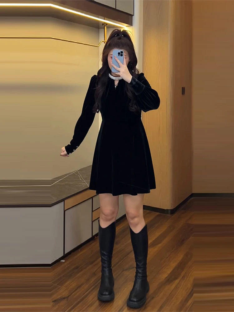 

Бархатное платье с жемчужным воротником для женщин больших размеров, зимнее утягивающее бальное платье в Корейском стиле, удобное для поездок на работу, с высокой талией, A-Li...