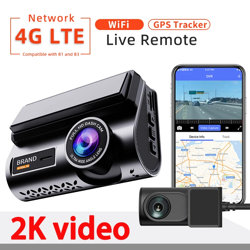 4G LTE Dash Cam GPS Logger 2K Front and 720P Rear Live Streaming Video Remote Monitoring Parking Monitor Night Vision Car DVR