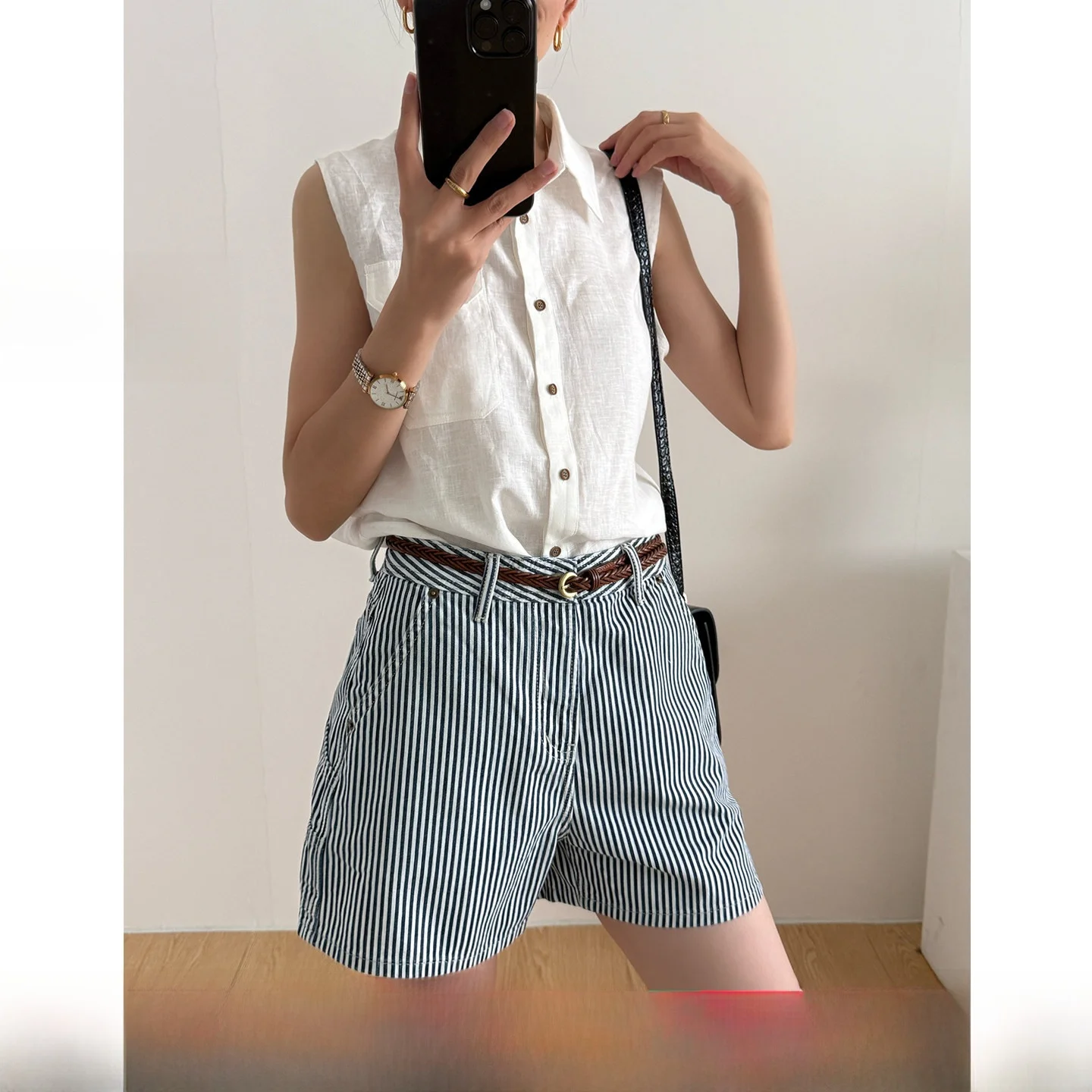 

00% Cotton No Stretch Breathable Loose Casual mid Low Waist Four Stripes Women's Summer Thin Denim orts Slimming Effect