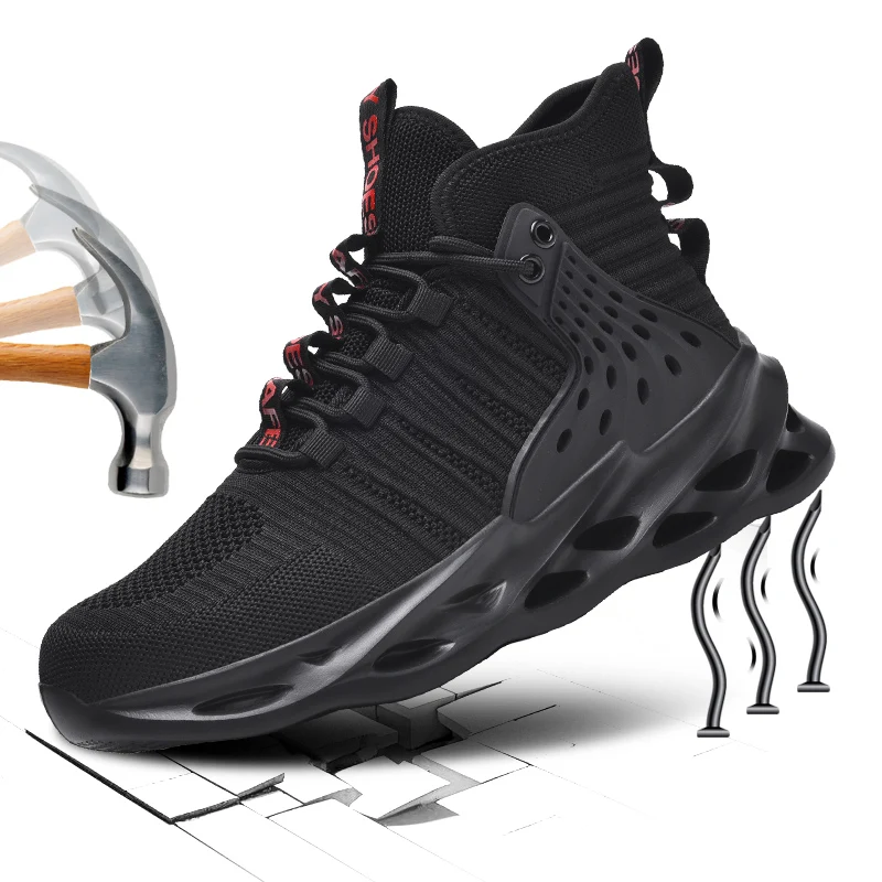 

Hot Black Safety Shoes for Men Anti-smash Anti-puncture Work Shoes High top Steel Toe Sneaker Men Security Protective Boots Men