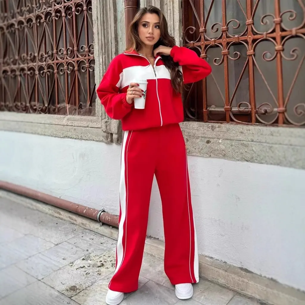 

Women's Casual Street Style Suit High Neck Zipper Top with Contrast Color Stripe Straight Pants Two-Piece Set
