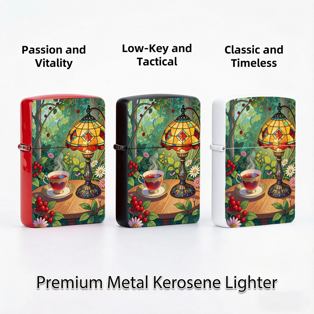 Art nouveau Flip Top Lighter lighters vintage Stained Glass Lamp Tea Cup Garden Scenery Print Pattern lighters for smokers