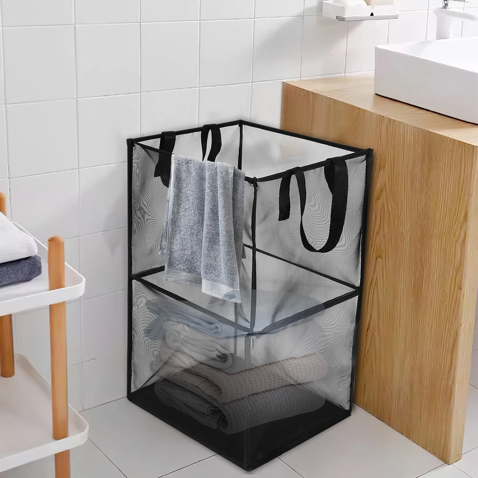 

2Pcs Large Capacity Laundry Baskets Foldable Mesh Hampers Collapsible Clothes Storage Basket Handles for Bedroom Bathroom