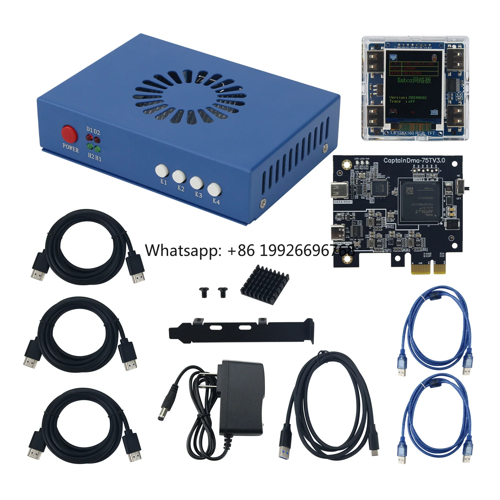 Синий накладной блок для видео CapDMA пятого поколения + плата DMA CaP75T + комплект контроллера клавиатуры и мыши KMBOX NET