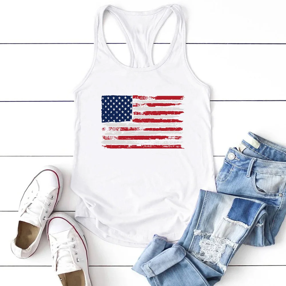 Seeyoushy American Flag Print Summer Casual Fashion Women\'s Tank Top Printed Vest Women\'s Crewneck Sleeveless Shirt Top Mujer