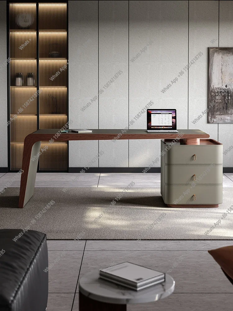 V Italian saddle leather desk light luxury modern high-end study desk home solid wood computer desk