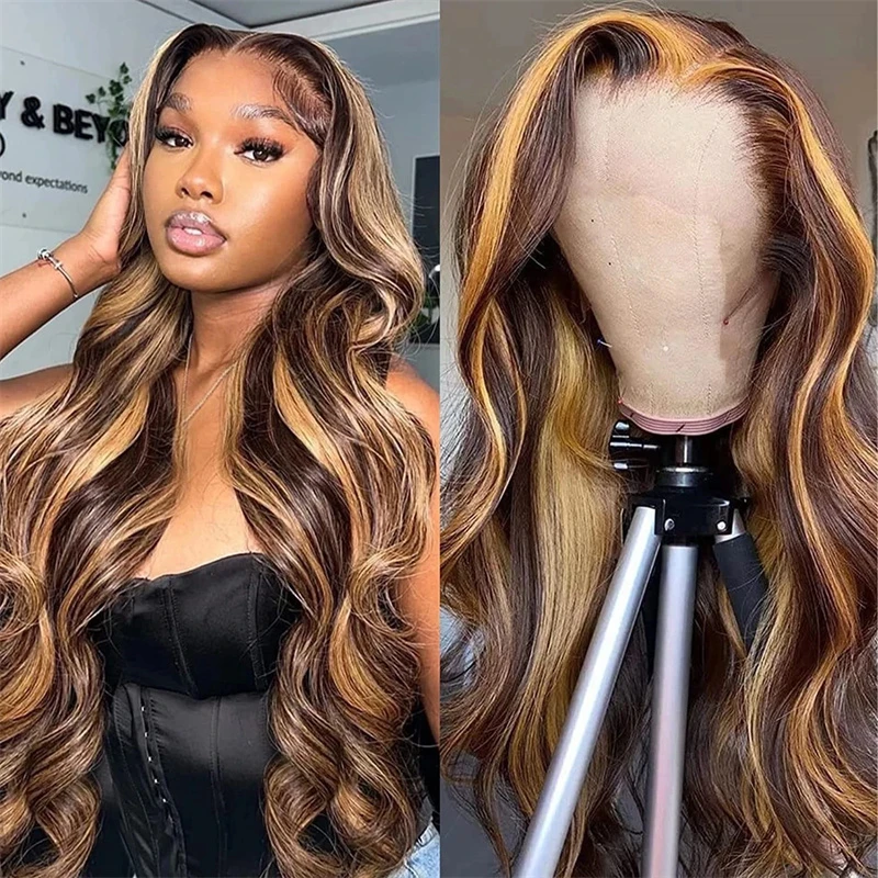 Colored Highlight Body Wave 13x6 HD Transparent Lace Front Human Hair Wigs Ombre Black Honey Blonde 13x4 Water Wave Frontal Wig