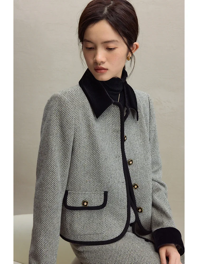 ZIQIAO 30% Wool Women Temperament Short Houndstooth Coats Patchwork Design Button Decoration Women Long Winter Thicken Skirts