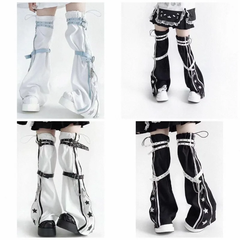 Harajuku Punk Rock Women Leg Warmer Cosplay Gothic Zipper Adjustable Leather Buckle Over Knee Sleeves Foot Leg Cover Street