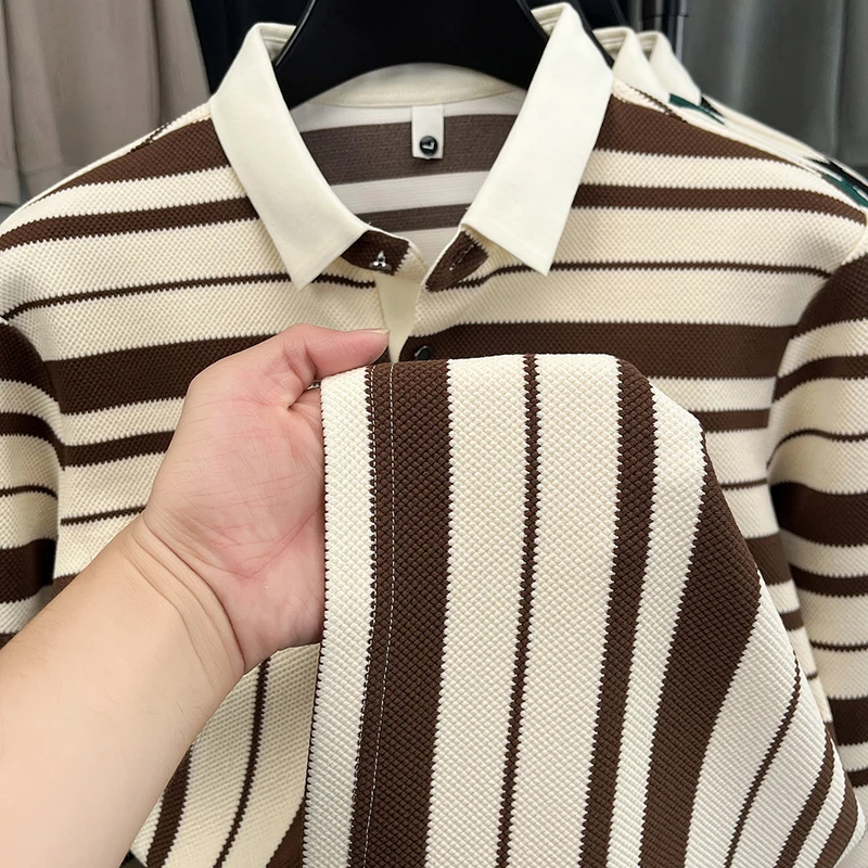 

Роскошная мужская осенняя рубашка поло высокого качества, новая модель, универсальная футболка в полоску с лацканами, деловая модная мужская одежда для отдыха, топы