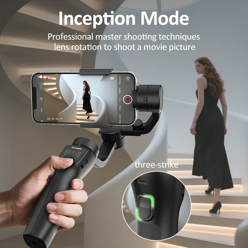 QAML F8 2025 3-axis gimbal, anti-shake, wireless, USB rechargeable, iPhone/Xiaomi/action cam compatible, sleek black.