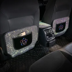 Full Drill Car Anti Kick Mat Camellia Bling Backsat Protector with Phone Storage Pocket For Women Seat Back Pad Cover Accessori