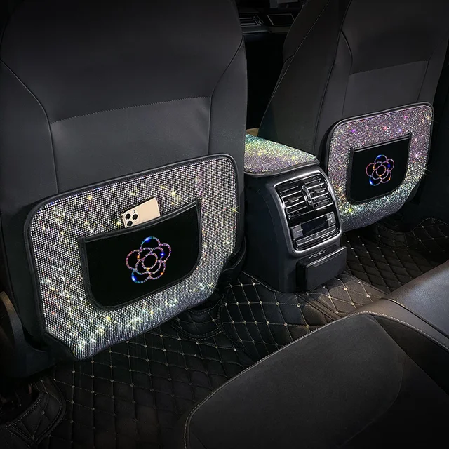 Pełna wiertarka samochód Anti Kick Mat Camellia Bling Backsat Protector z kieszenią do przechowywania telefonu dla kobiet oparcie siedzenia osłona na Pad Accessori