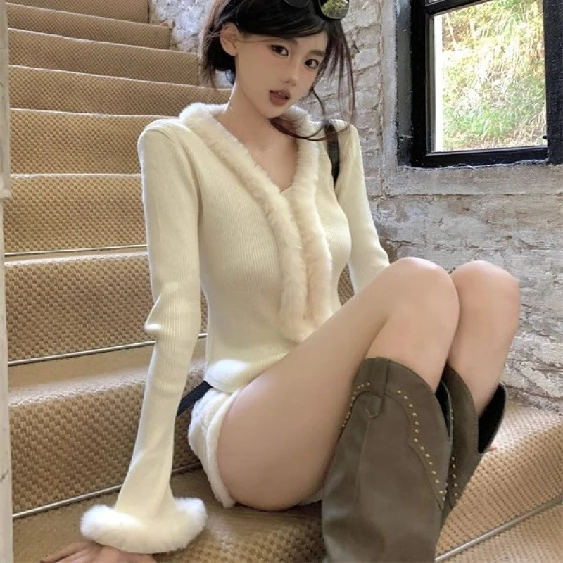 

Women Fur Patchwork Grunge Cardigan Vintage Single Breasted Fairy Tops Y2k Aesthetic Flare Sleeve Knitted Slim Fit Sweaters