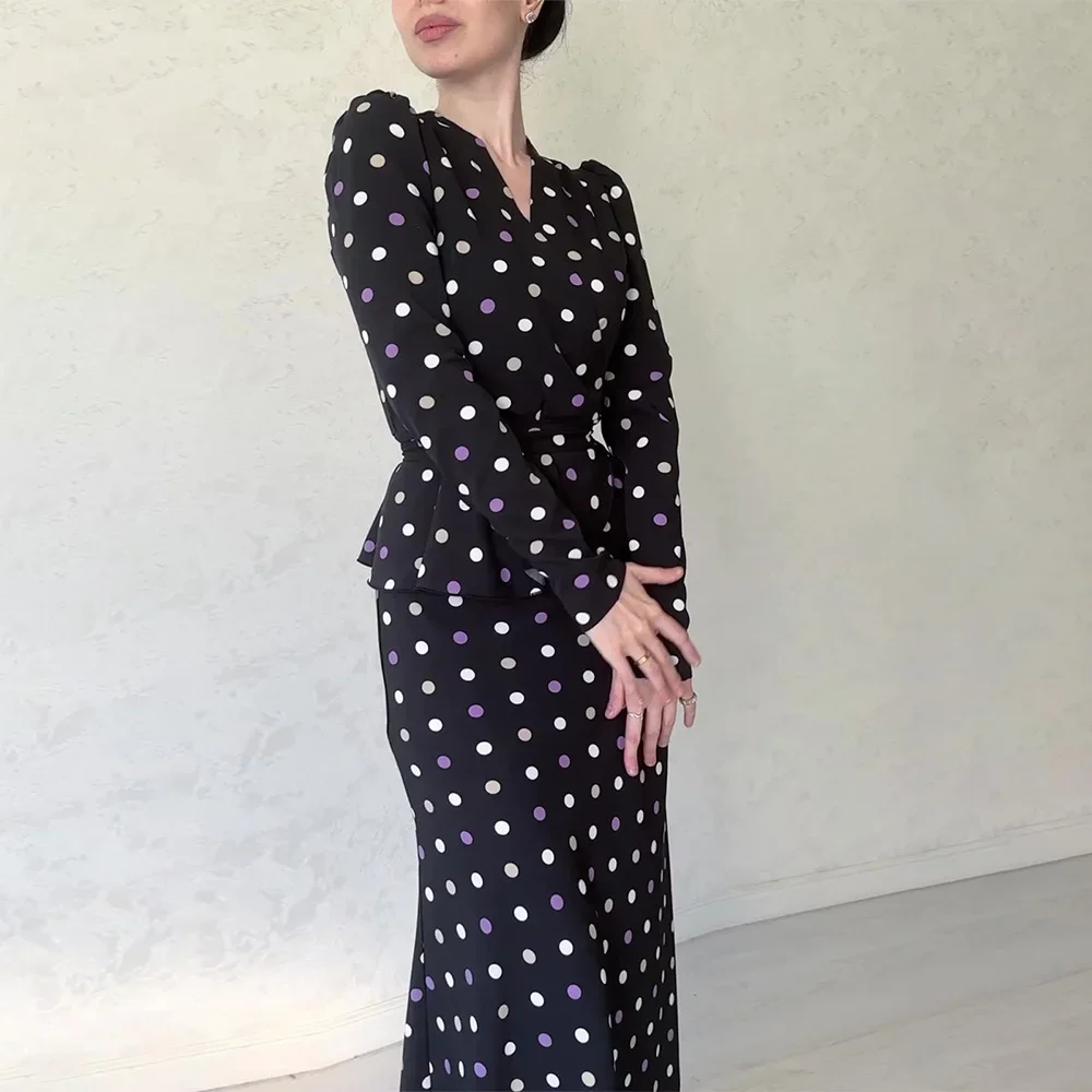 Polka Dot Long Dresses Women French Elegant Vintage Hip Wrap Dress Ladies Autumn Long Sleeve V Neck Slim Lace Up Maxi Dresses