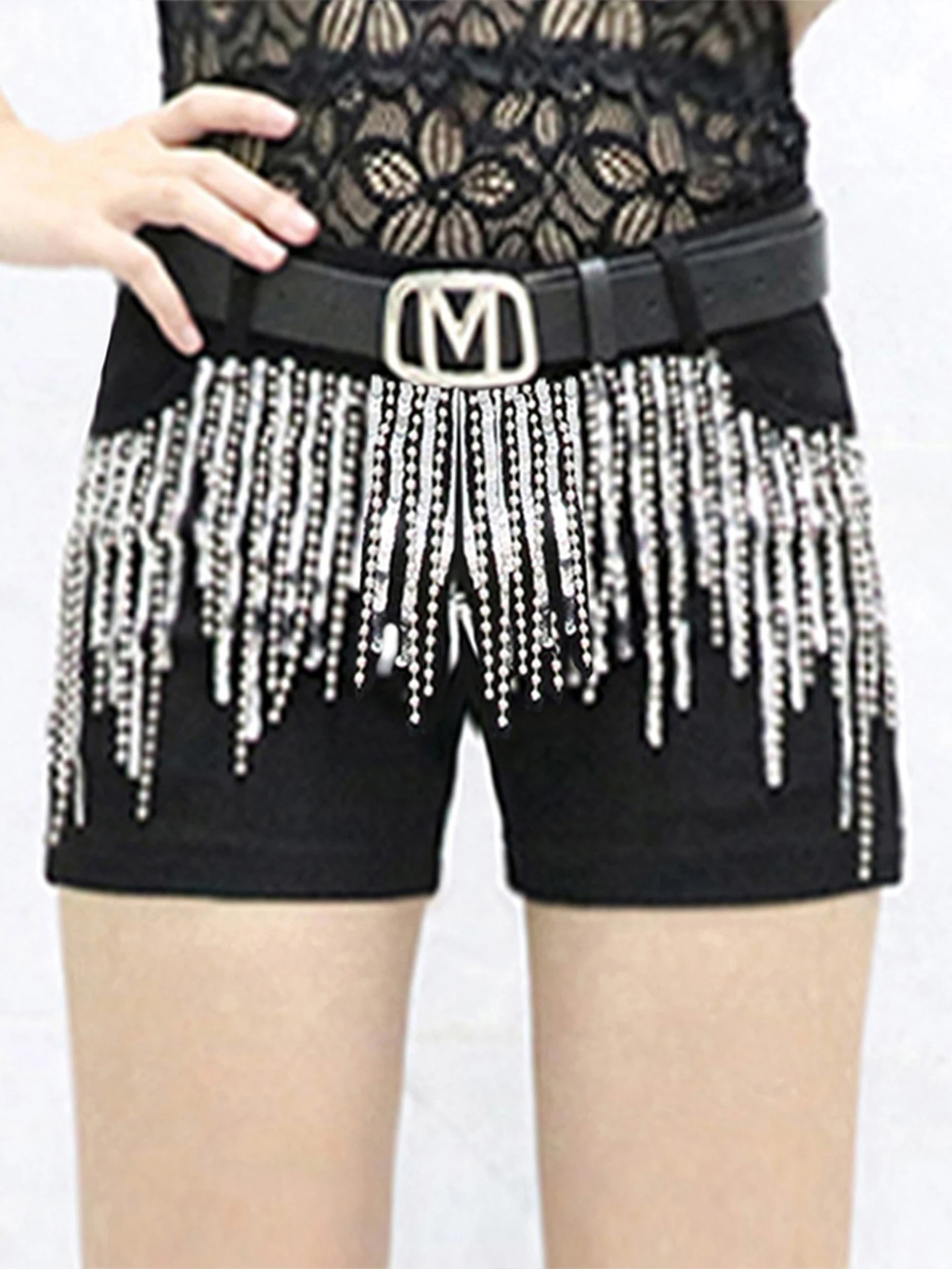 Korean Style Sequin Tassel Women's Shorts Casual Cotton Stretch Denim High Waist Slimming Trendy Hot Pants Outerwear