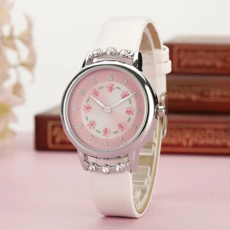 Reloj de pulsera de cuarzo para niños y niñas, cronógrafo informal con diseño de flores bonitas, resistente al agua, con correa de cuero PU