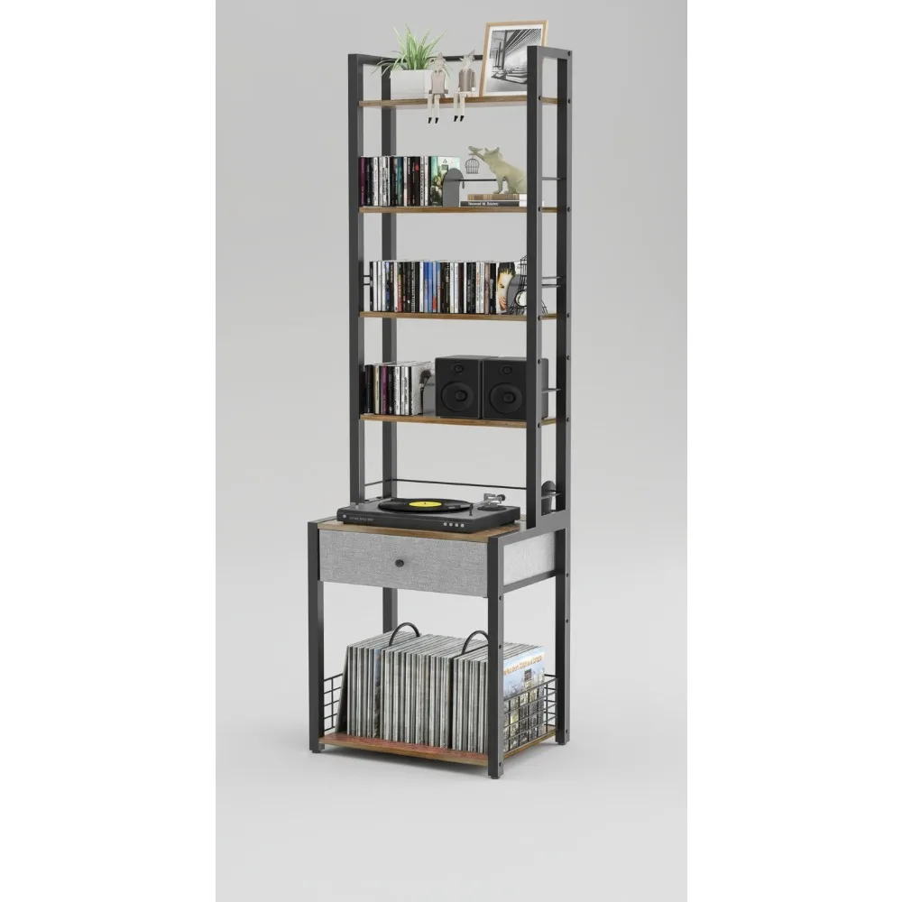 6-Tier CD DVD Storage Rack with Drawer, Adjustable Media Organizer Shelf for Vinyl Records & Books, Home Office Living Room
