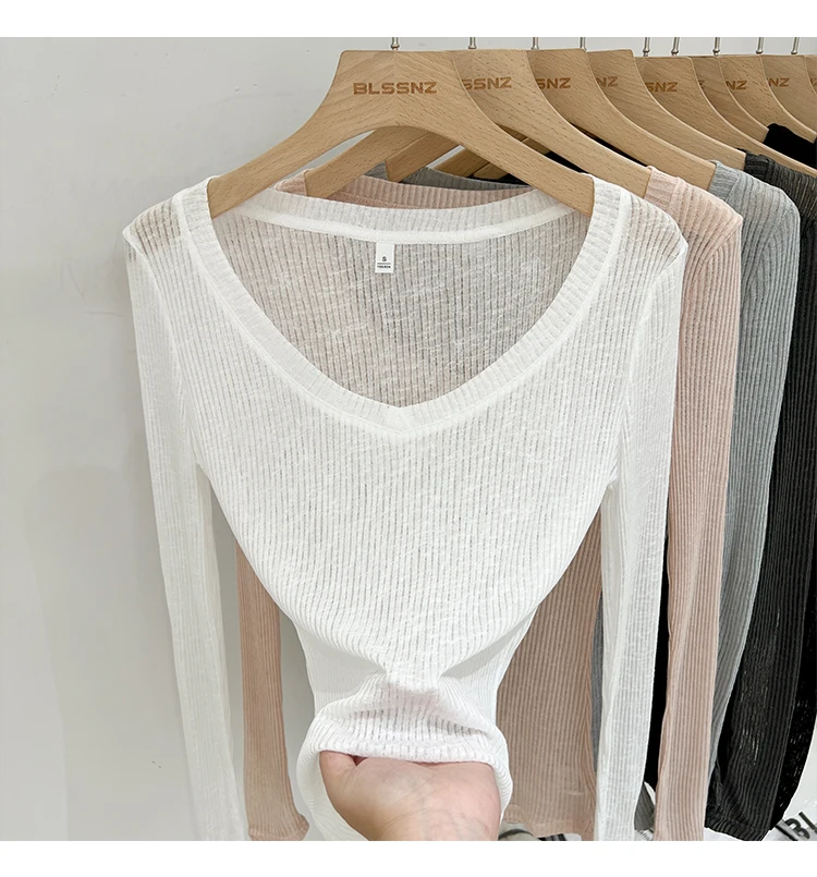 2026 Sommer Neuer Lässiger Stil Transparentes Dünnes Durchsichtiges Überzug-Top Damen T-Shirt V-Ausschnitt Sonnenschutz Langarm T-Shirt – Detail 1