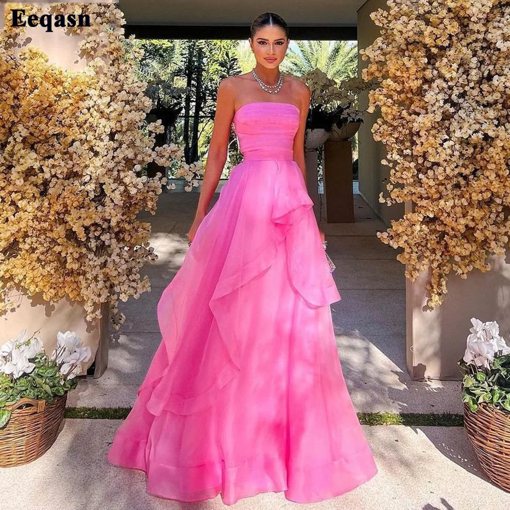 Aangepaste hete roze ruches organza galajurken plooi strapless vrouwen formele avondjurk speciale feestjurken bruidsmeisjesjurk