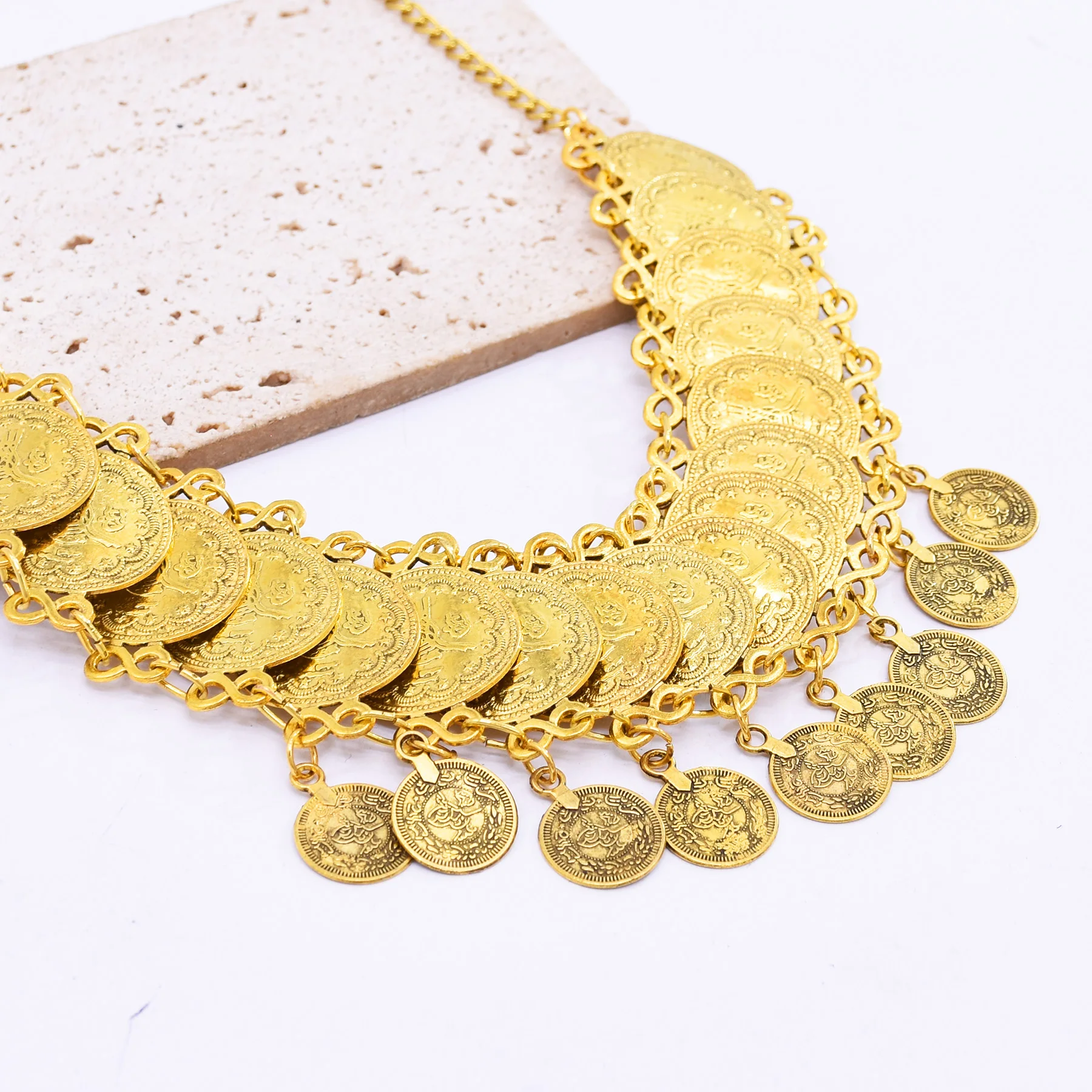 Golden Multi Layer Coins Chain Pendant Waist Chain Bangle Necklace Body Jewelry Set Arab Turkey Kurdish Indian Costume Accessory